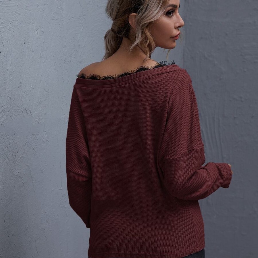 eyelash lace detail off shoulder waffle top brown - Picture 6 of 13